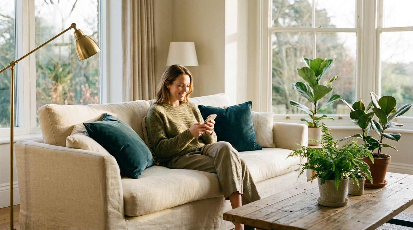 A woman relaxing on her sofa, smiling as she connects with a clinician on her phone.